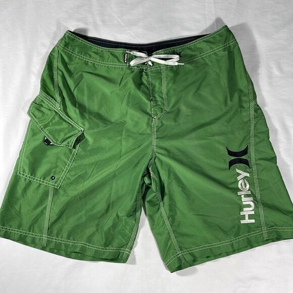 Hurley mens green solid polyester board shorts 10" inseam swimwear - size 38 - Picture 2 of 12